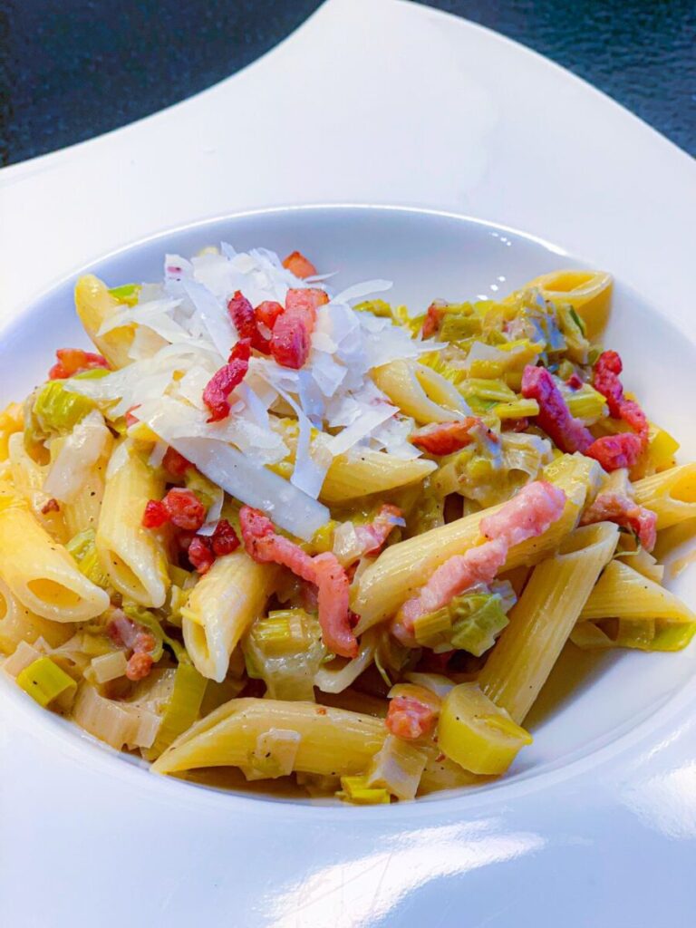 penne met prei en pancetta