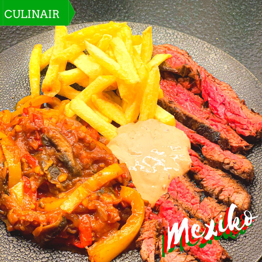 Gemarineerde Mexicaanse steak met paprika-portobellostoof Gemarineerde Mexicaanse steak met paprika-portobellostoof