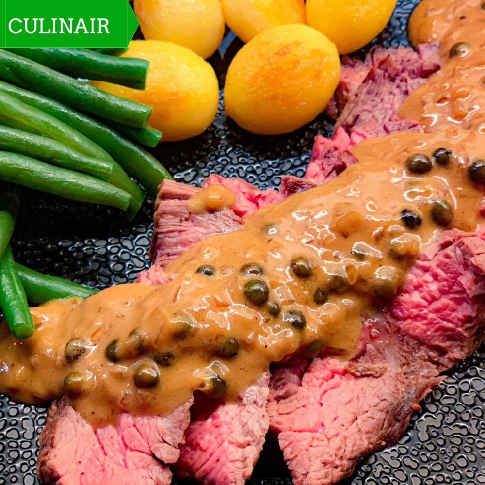 Groene pepersaus bij bavette Groene pepersaus bij bavette