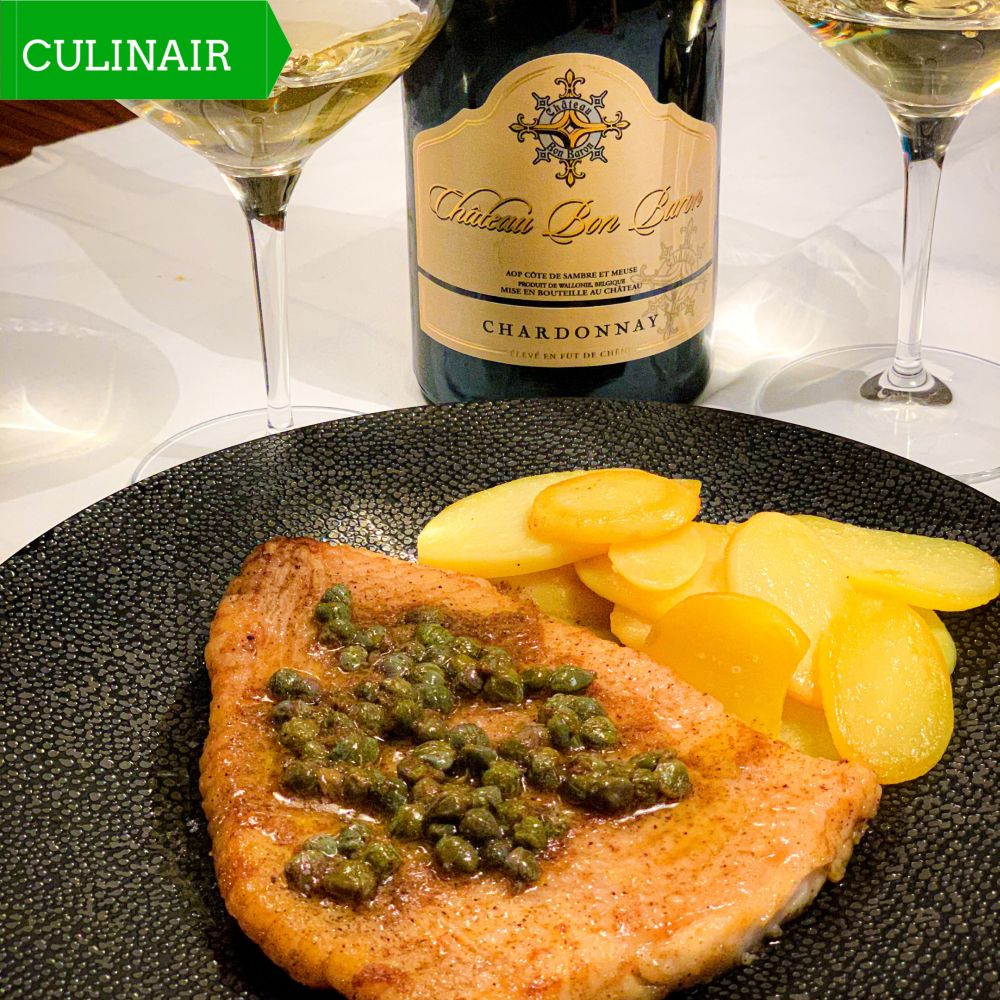 Rog met kappertjes-botersaus en chardonnay van Château Bon Baron Rog met kappertjes-botersaus en chardonnay van Château Bon Baron